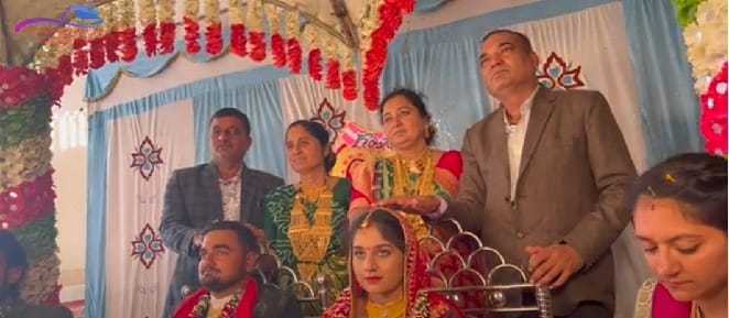 the bride is blessed by seven married women while uttering the words, “Saubhagyavati bhava.”