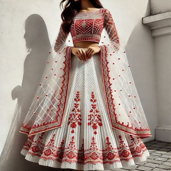 White lehengas with red embroidery are not only soft but also look royal.